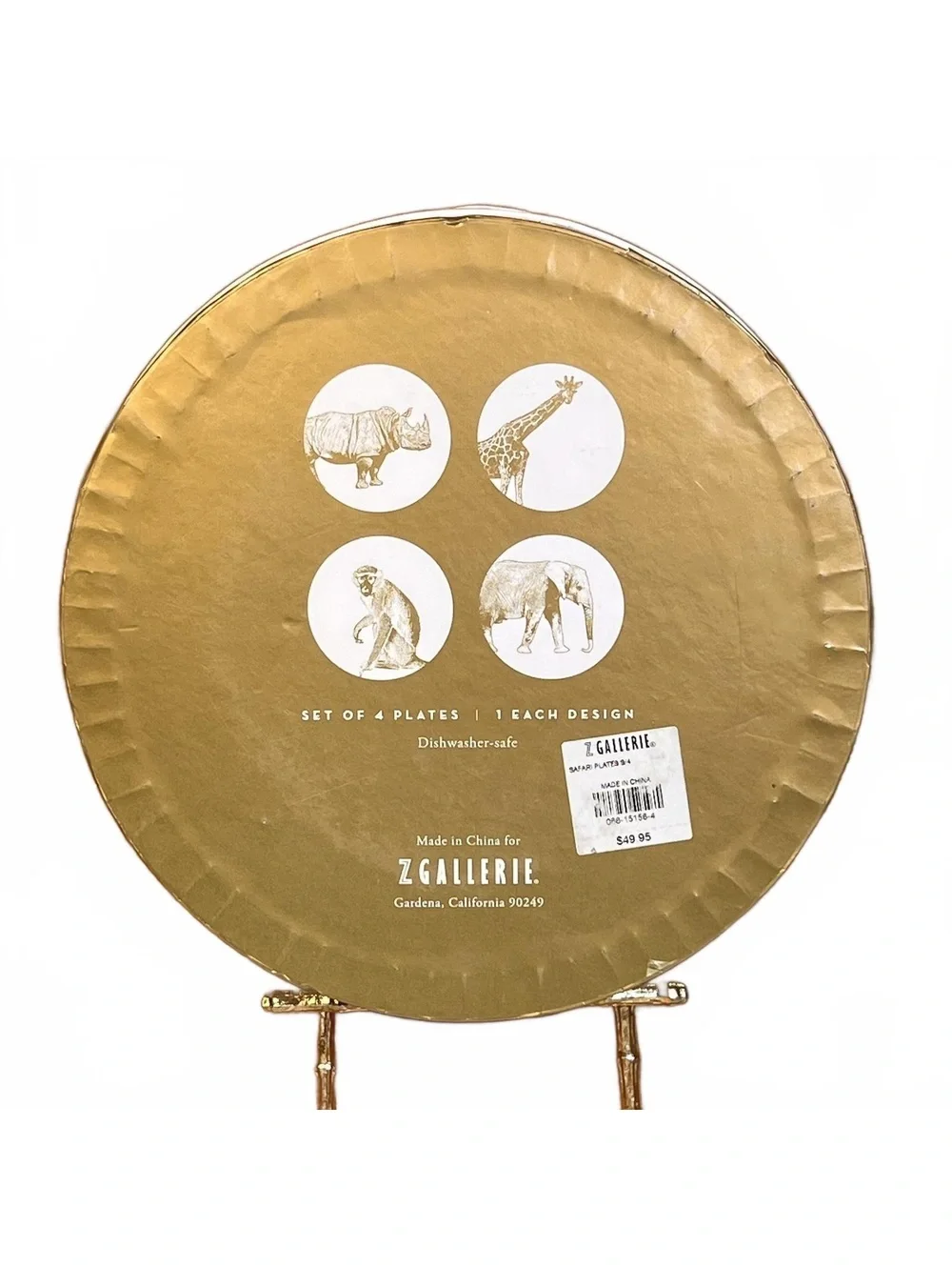 Set of 4 Safari Animal Plates with Real Gold Trim in Round Box